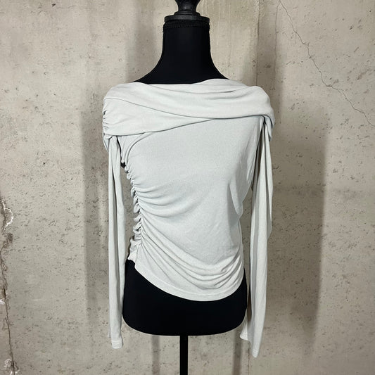 off the shoulder light grey blouse